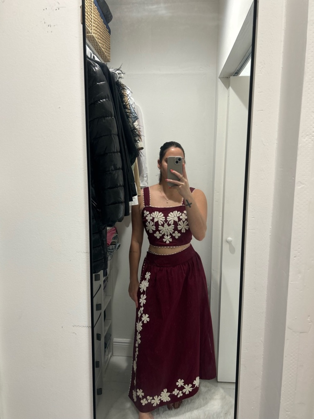 Two-Piece Burgundy Floral Embroidered Crop Top & Skirt Set